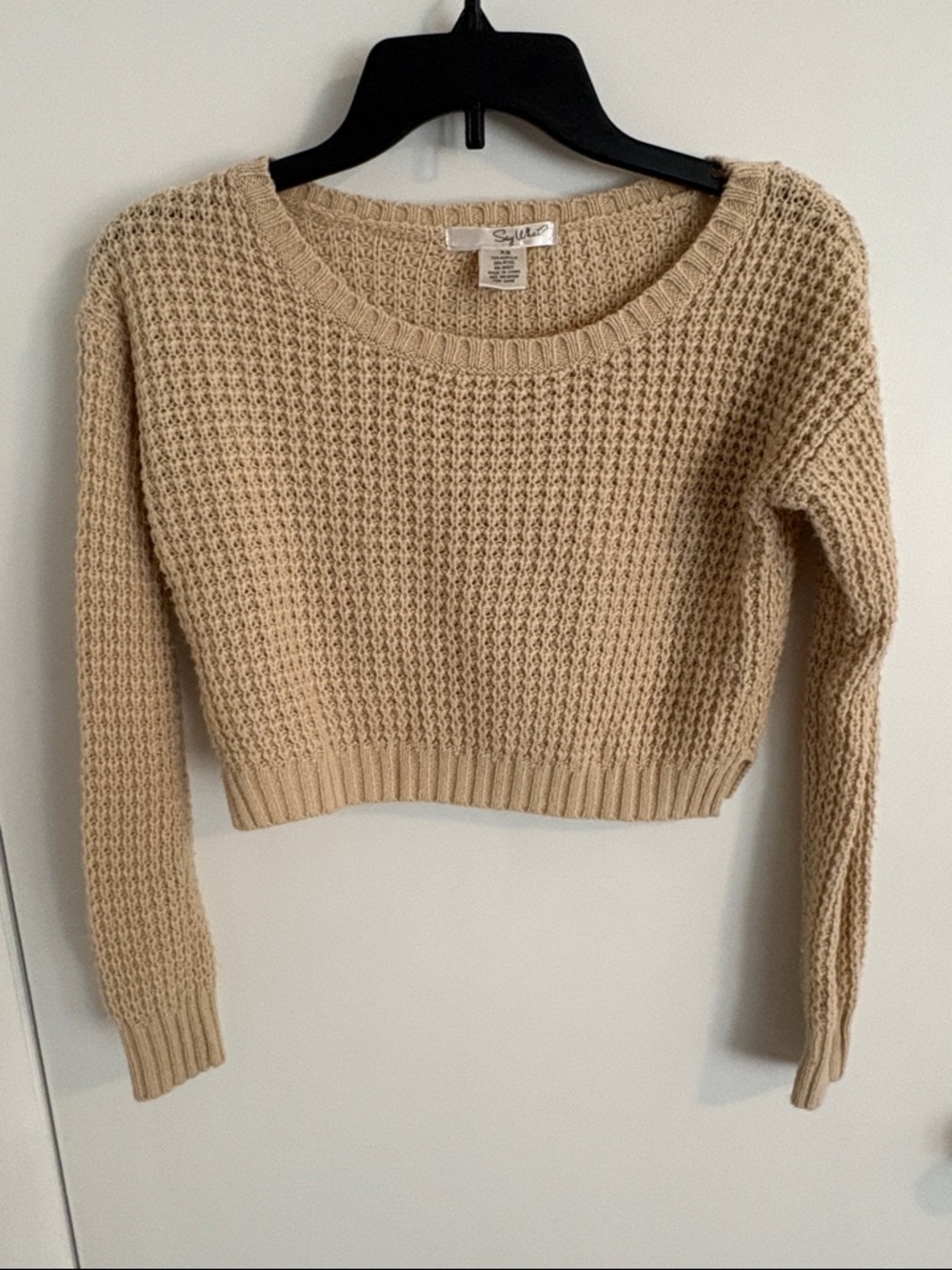 Say What? Cropped Waffle Knit Wool Blend Sweater - Beige
